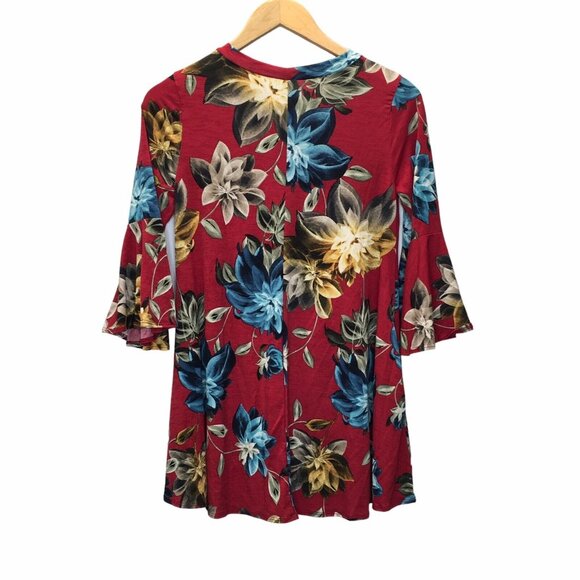 Floral Tunic Top Women Size Medium Summer Red Tropical Bell Sleeve Flowy - Picture 2 of 11